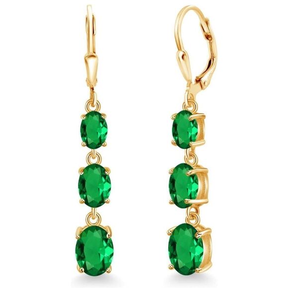 18K Yellow Gold with .50 Cttw 3 Stone Emerald Dangling Leverback Drop Earrings - Picture 1 of 5